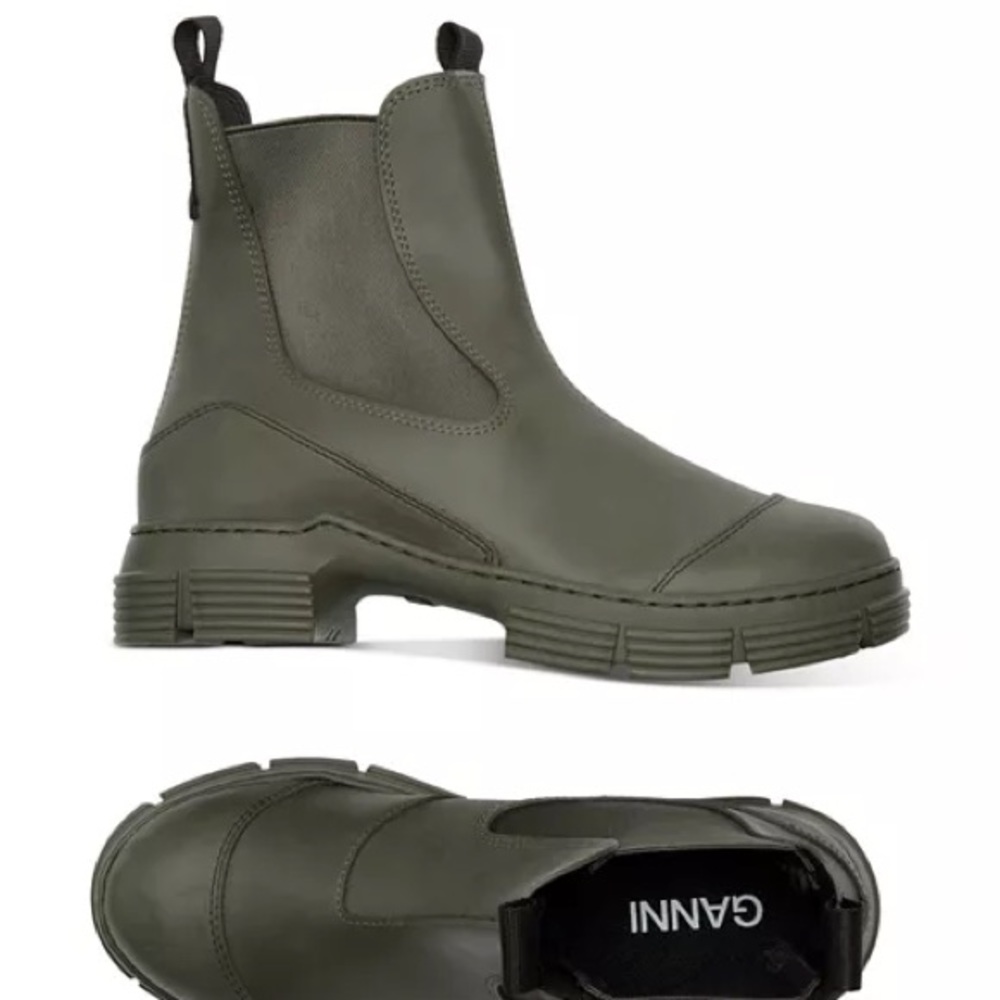 Ganni Recycled Rubber Chelsea Boots Rain Ankle Booties Kalamata Olive Green US 6